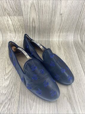 Don Louis Navy Leather Slip-On Loafers with Blue Embroidered Cherry Detail